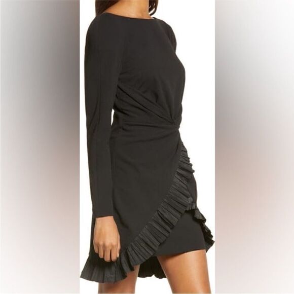 One33 Social NWT Pleated Ruffle Long Sleeve Cocktail Dress Black Size 8 - Picture 2 of 16